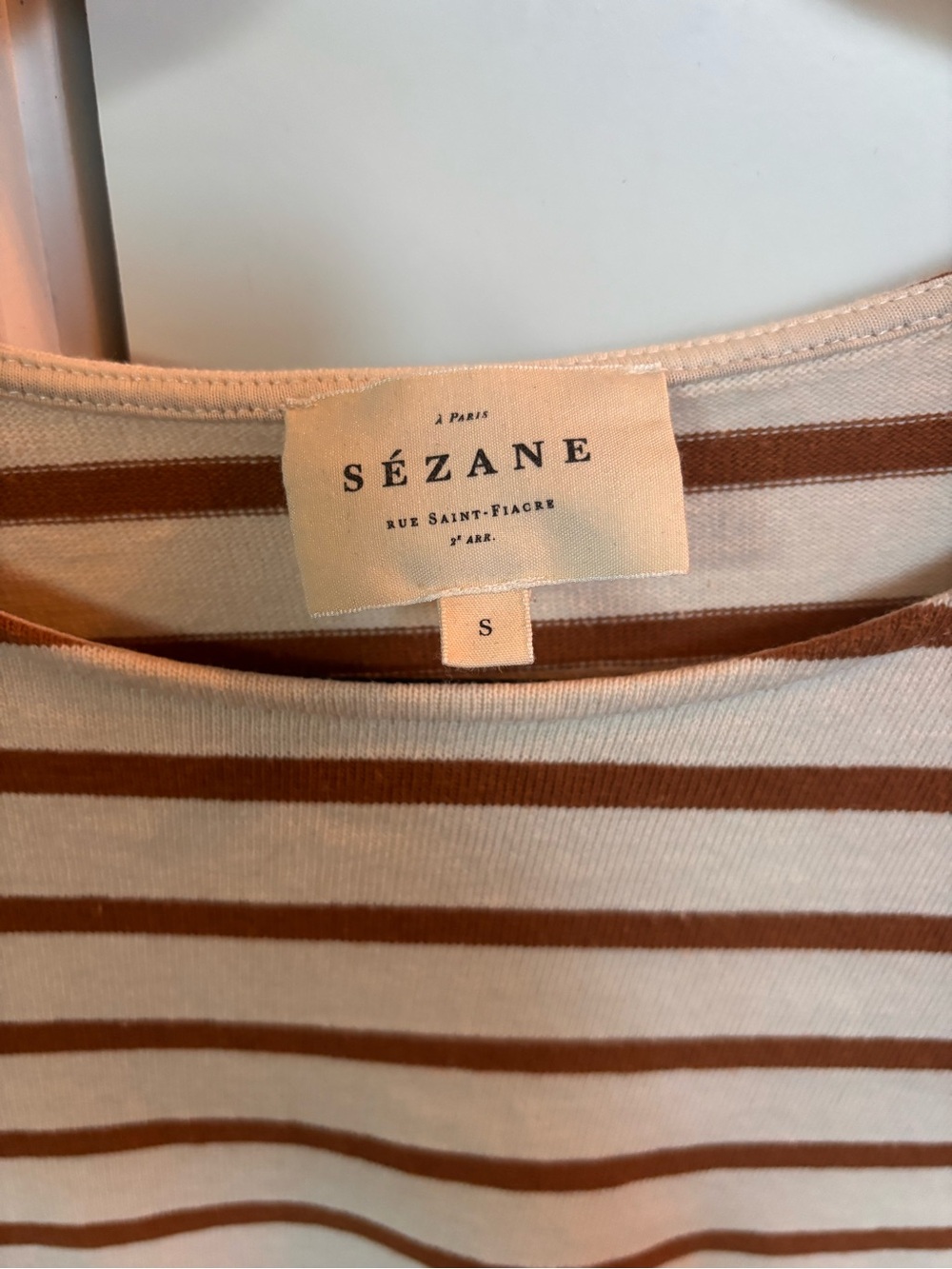 Sézane Cream and Brown Striped 3/4 Sleeve Top with Shoulder Buttons - Picture 2 of 4
